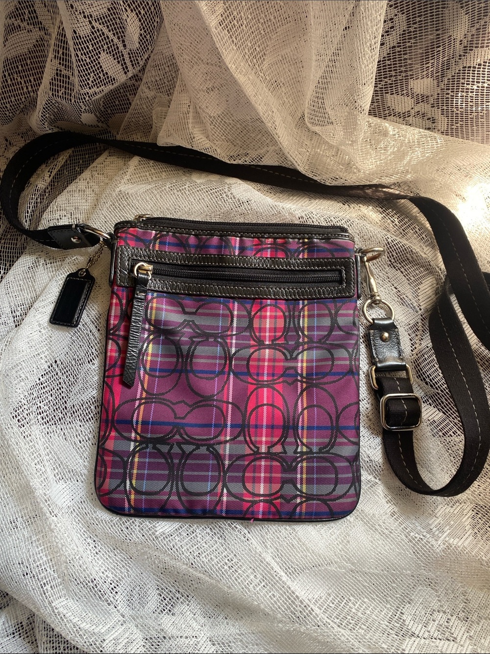 Coach Pink Plaid Signature Crossbody with Black Strap and Leather Trim